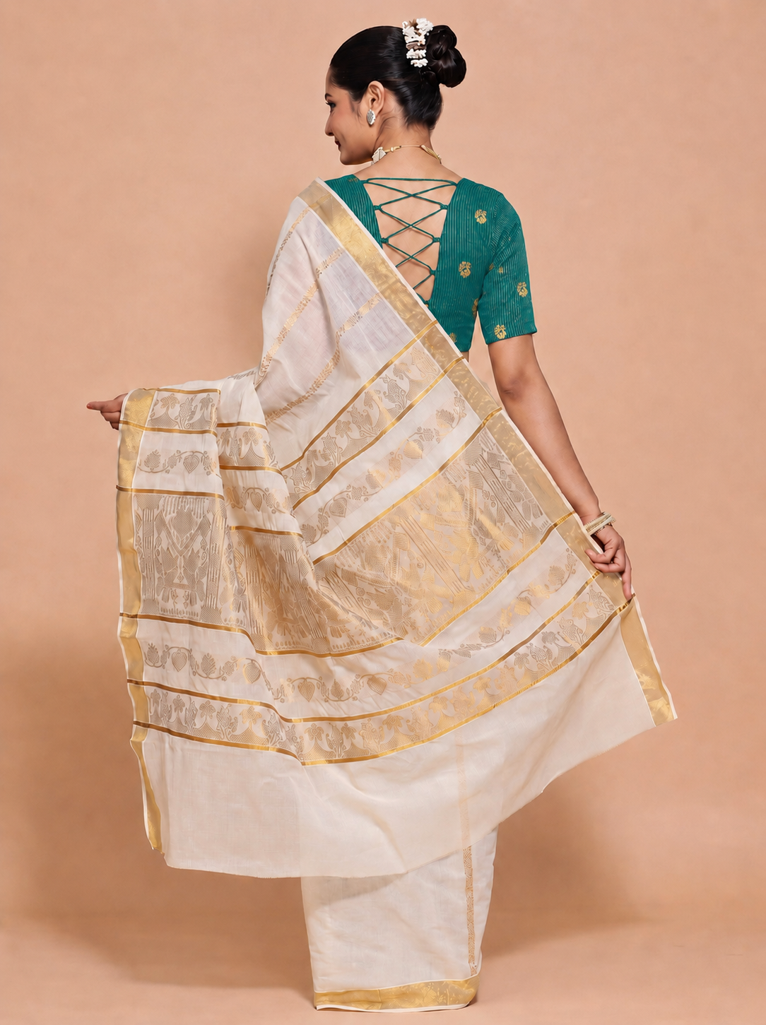 Kasavu-Kit | Kasavu Saree with Madhura Elbow Sleeve blouse in Mayur Green Striped Peacock Brocade