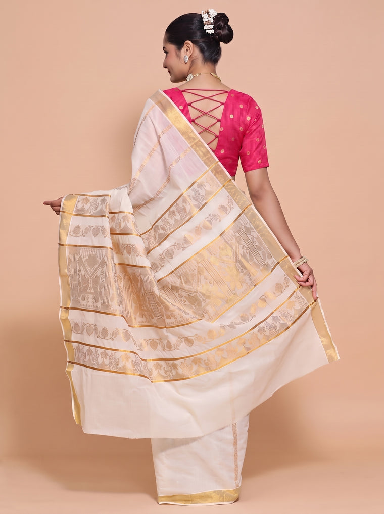 Kasavu-Kit Kasavu Saree with Madhura Elbow Sleeve blouse in Rani Pink Striped Peacock Brocade
