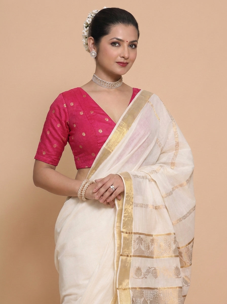 Kasavu-Kit Kasavu Saree with Madhura Elbow Sleeve blouse in Rani Pink Striped Peacock Brocade