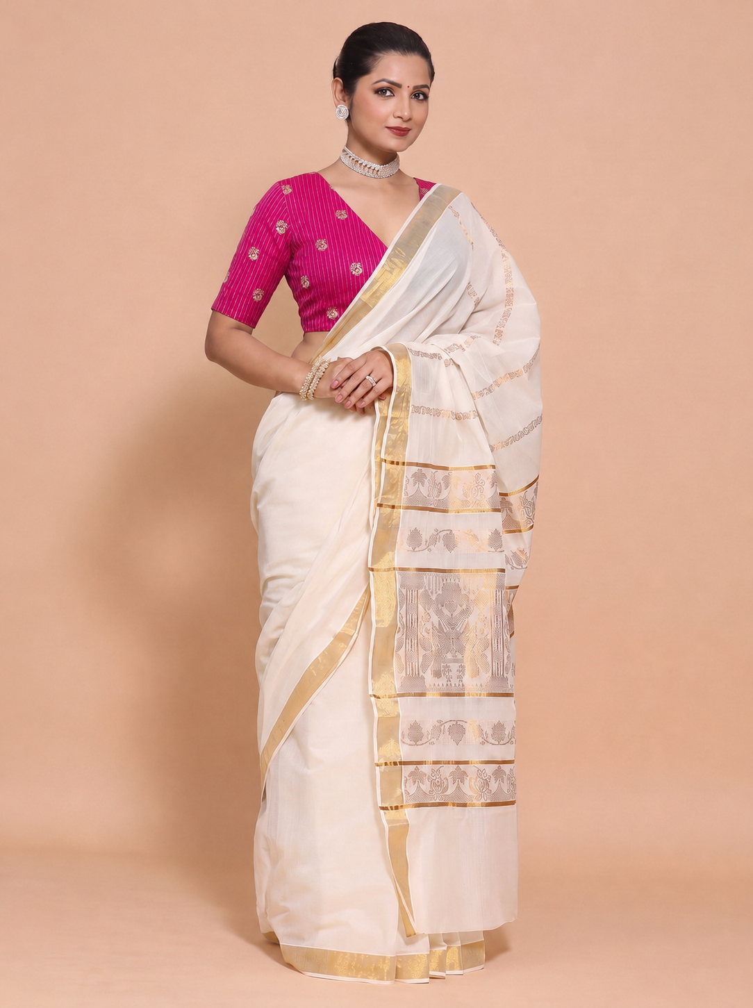 Kasavu-Kit Kasavu Saree with Madhura Elbow Sleeve blouse in Rani Pink Striped Peacock Brocade