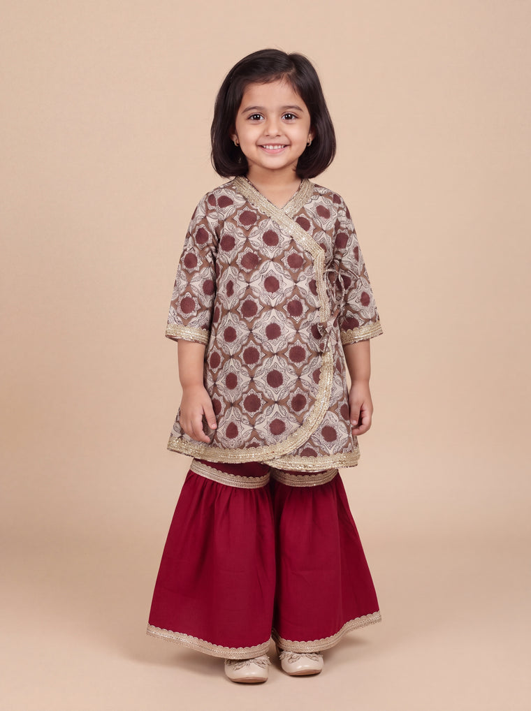 Kimi x Tyohaar | Angrakha-Sharara Set in Red Dahlia Block Print Cotton