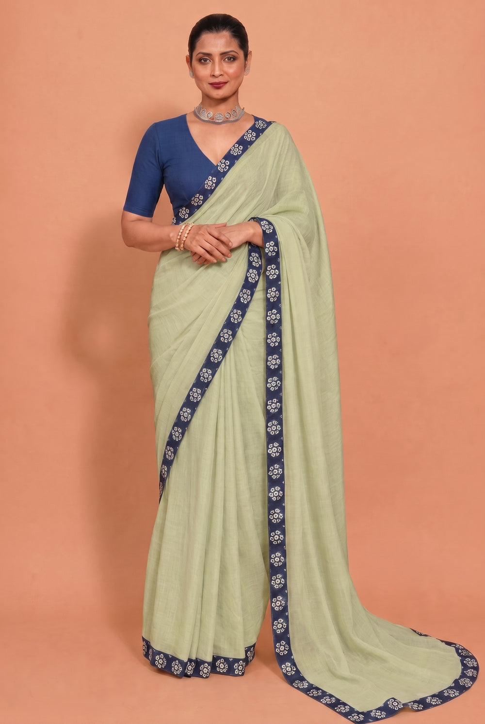 Kiran | Pastel Green Mul Cotton DrapeFit™ Saree