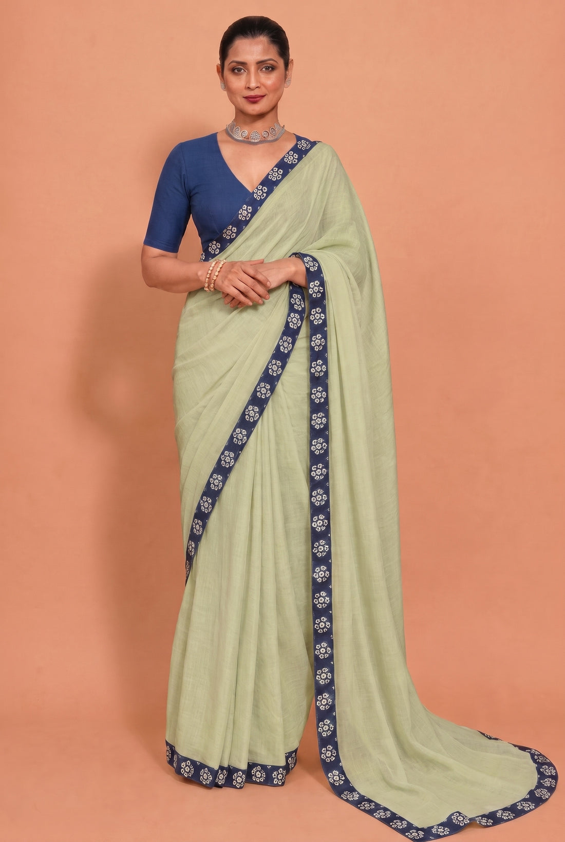 Kiran | Pastel Green Mul Cotton DrapeFit™ Saree