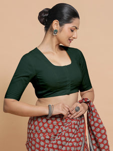 Koel x Rozaana | Round Neck Moss Green Plain Cotton Saree Blouse