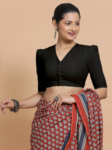 Kriti x Rozaana | V-Neck Black Plain Cotton Saree Blouse