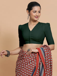 Kriti x Rozaana | V-Neck Moss Green Plain Cotton Saree Blouse