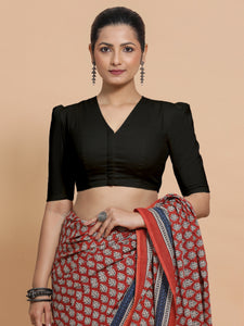 Kriti x Rozaana | V-Neck Black Plain Cotton Saree Blouse