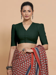 Kriti x Rozaana | V-Neck Moss Green Plain Cotton Saree Blouse