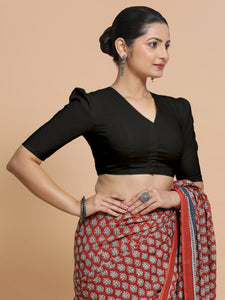 Kriti x Rozaana | V-Neck Black Plain Cotton Saree Blouse