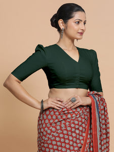 Kriti x Rozaana | V-Neck Moss Green Plain Cotton Saree Blouse