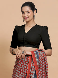 Kriti x Rozaana | V-Neck Black Plain Cotton Saree Blouse