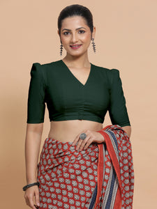 Kriti x Rozaana | V-Neck Moss Green Plain Cotton Saree Blouse