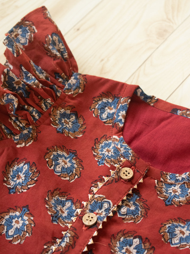 Kuhu x Tyohaar | Tiered Lehenga Set in Crimson Field Block Print Cotton