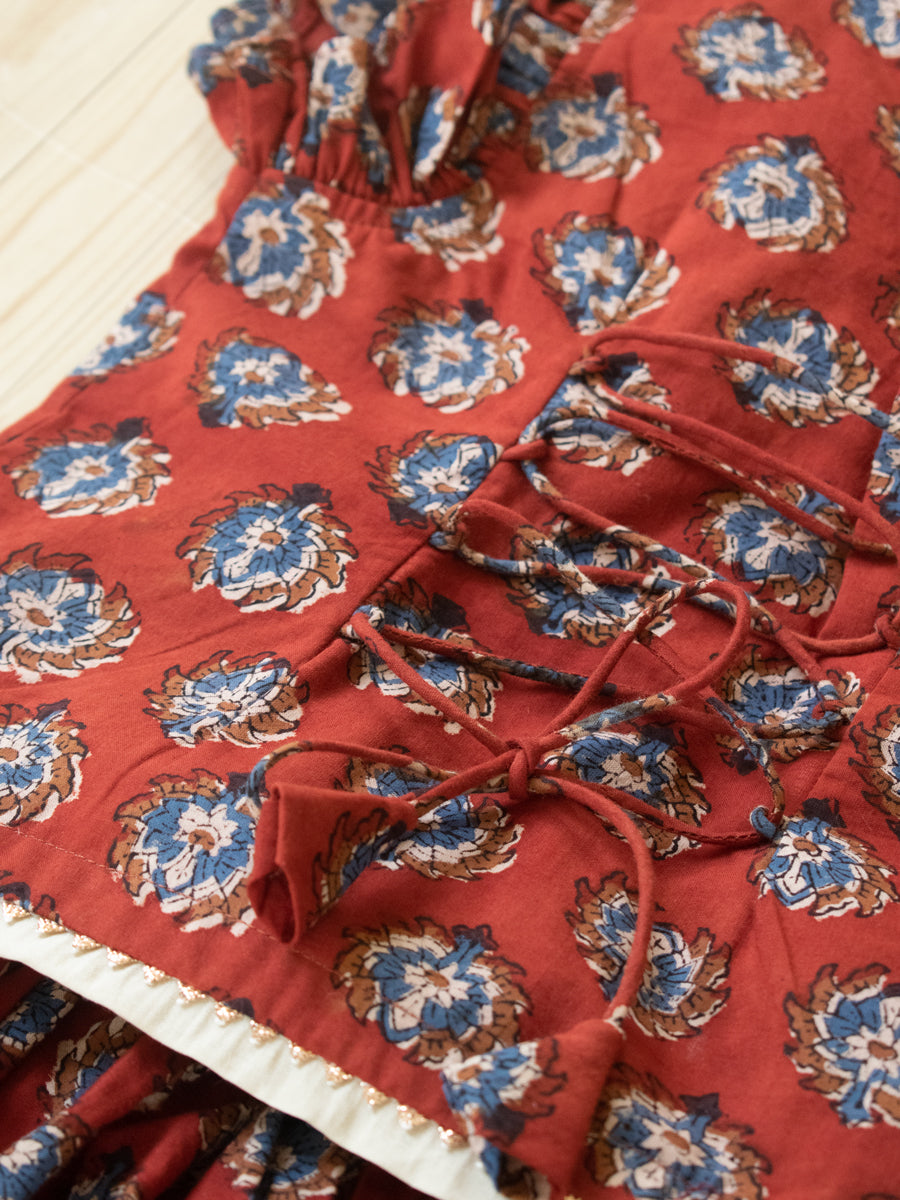Kuhu x Tyohaar | Tiered Lehenga Set in Crimson Field Block Print Cotton