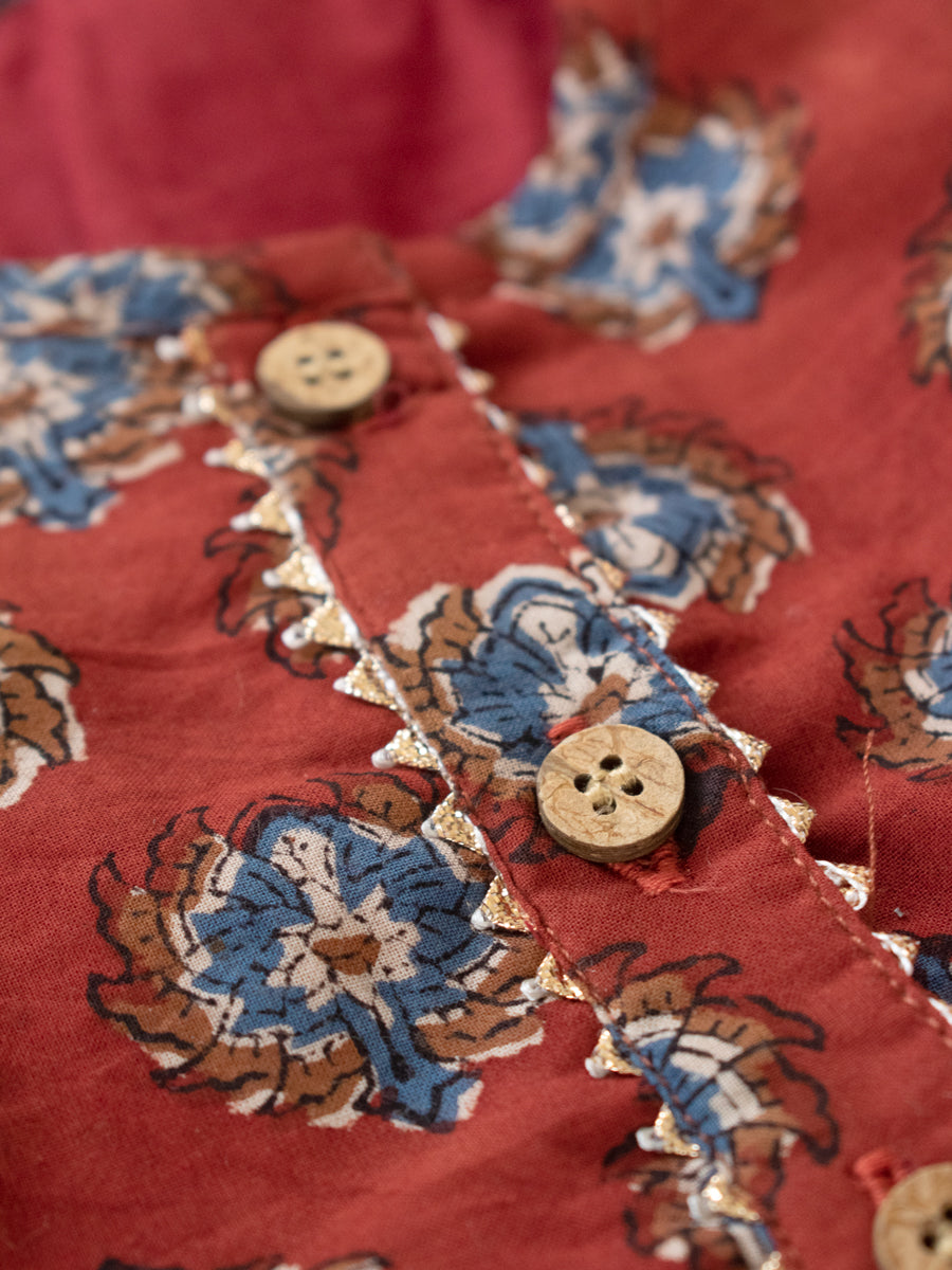 Kuhu x Tyohaar | Tiered Lehenga Set in Crimson Field Block Print Cotton