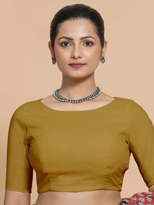 Kumud x Rozaana | Boat Neck Khaki Plain Cotton Saree Blouse