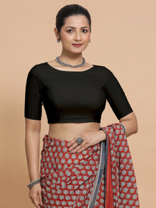 Kumud x Rozaana | Boat Neck Black Plain Cotton Saree Blouse