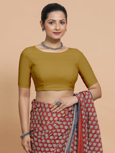 Kumud x Rozaana | Boat Neck Khaki Plain Cotton Saree Blouse