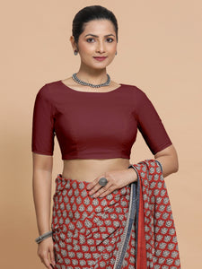 Kumud x Rozaana | Boat Neck Royal Maroon Plain Cotton Saree Blouse