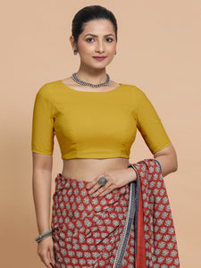 Kumud x Rozaana | Boat Neck Sunny Yellow Plain Cotton Saree Blouse