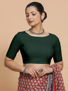 Kumud x Rozaana | Boat Neck Moss Green Plain Cotton Saree Blouse