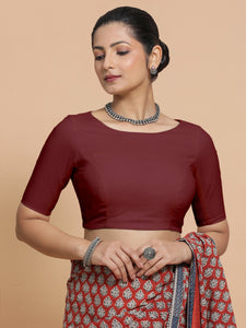 Kumud x Rozaana | Boat Neck Royal Maroon Plain Cotton Saree Blouse