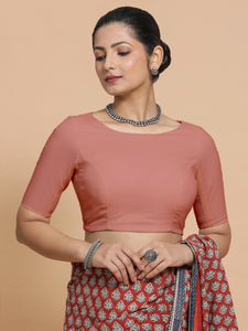 Kumud x Rozaana | Boat Neck Soft Peach Plain Cotton Saree Blouse