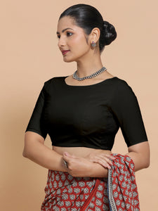 Kumud x Rozaana | Boat Neck Black Plain Cotton Saree Blouse