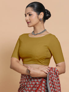 Kumud x Rozaana | Boat Neck Khaki Plain Cotton Saree Blouse