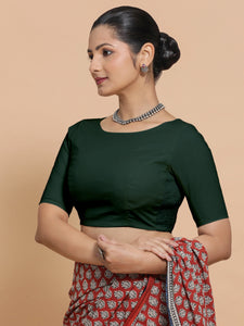 Kumud x Rozaana | Boat Neck Moss Green Plain Cotton Saree Blouse