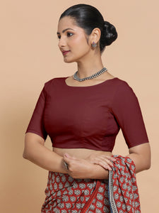 Kumud x Rozaana | Boat Neck Royal Maroon Plain Cotton Saree Blouse