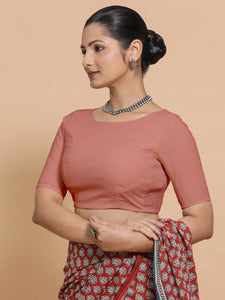 Kumud x Rozaana | Boat Neck Soft Peach Plain Cotton Saree Blouse