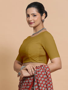 Kumud x Rozaana | Boat Neck Khaki Plain Cotton Saree Blouse