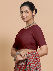 Kumud x Rozaana | Boat Neck Royal Maroon Plain Cotton Saree Blouse