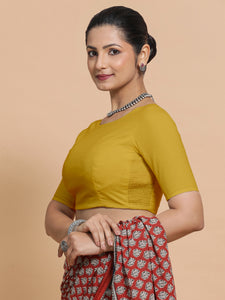 Kumud x Rozaana | Boat Neck Sunny Yellow Plain Cotton Saree Blouse