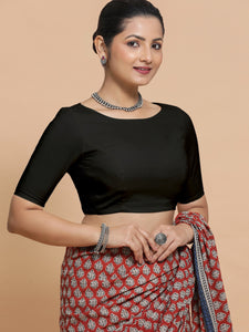 Kumud x Rozaana | Boat Neck Black Plain Cotton Saree Blouse