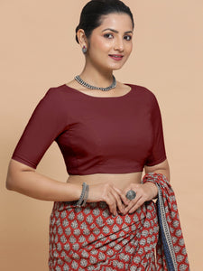 Kumud x Rozaana | Boat Neck Royal Maroon Plain Cotton Saree Blouse