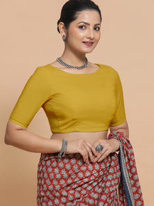 Kumud x Rozaana | Boat Neck Sunny Yellow Plain Cotton Saree Blouse