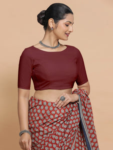 Kumud x Rozaana | Boat Neck Royal Maroon Plain Cotton Saree Blouse