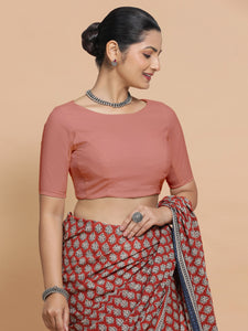 Kumud x Rozaana | Boat Neck Soft Peach Plain Cotton Saree Blouse