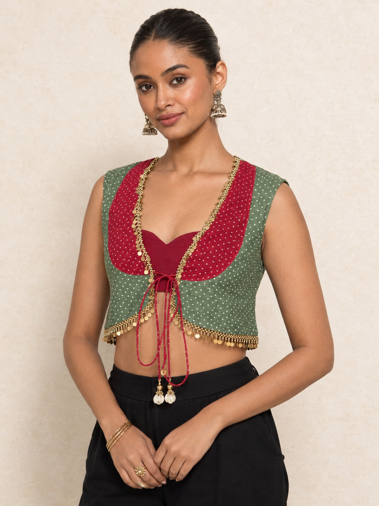 Laari | Sleeveless Green-Crimson Red  SculptFit™ Jacket-Blouse