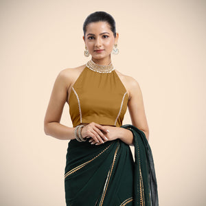 Laila x Tyohaar | Bronze Gold Halterneck FlexiFit™ Saree Blouse with Heavy Gota and Pearl Embellishments - Binks  