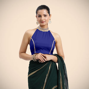  Laila x Tyohaar | Cobalt Blue Halterneck FlexiFit™ Saree Blouse with Heavy Gota and Pearl Embellishments_4