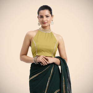 Laila x Tyohaar | Lemon Yellow Halterneck FlexiFit™ Saree Blouse with Heavy Gota and Pearl Embellishments - Binks  