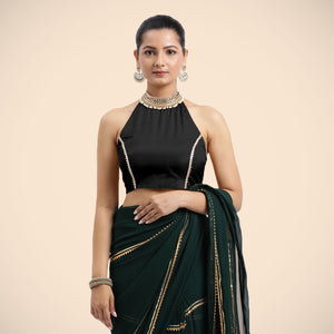 Laila x Tyohaar | Charcoal Black Halterneck FlexiFit™ Saree Blouse with Heavy Gota and Pearl Embellishments - Binks  