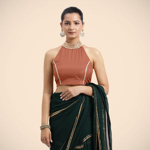  Laila x Tyohaar | Metallic Copper Halterneck FlexiFit™ Saree Blouse with Heavy Gota and Pearl Embellishments_6