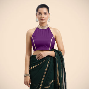  Laila x Tyohaar | Purple Halterneck FlexiFit™ Saree Blouse with Heavy Gota and Pearl Embellishments_5