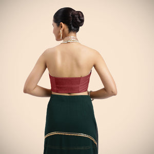  Laila x Tyohaar | Auburn Red Halterneck FlexiFit™ Saree Blouse with Heavy Gota and Pearl Embellishments_4