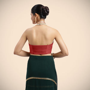  Laila x Tyohaar | Crimson Red Halterneck FlexiFit™ Saree Blouse with Heavy Gota and Pearl Embellishments_3