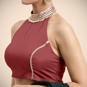 Laila x Tyohaar | Auburn Red Halterneck FlexiFit™ Saree Blouse with Heavy Gota and Pearl Embellishments - Binks  